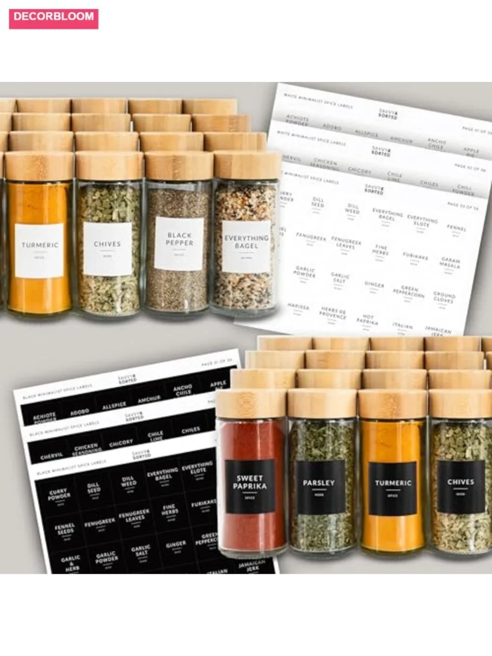 24 Glass Spice Jars with Bamboo Lids & 374 Labels, Shaker Lids